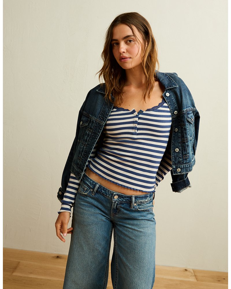 AE Cozy Waffle Lace Trim Henley T-Shirt