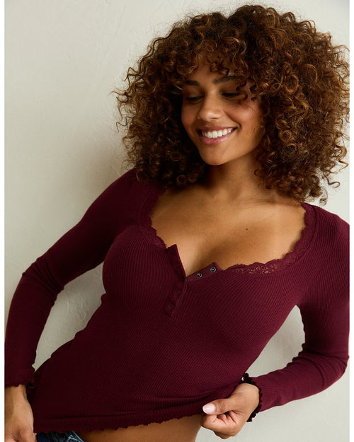 AE Cozy Waffle Lace Trim Henley T-Shirt
