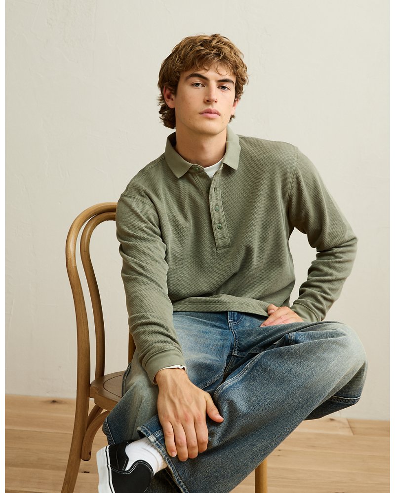 AE Standard Fit Long-Sleeve Thermal Polo Shirt